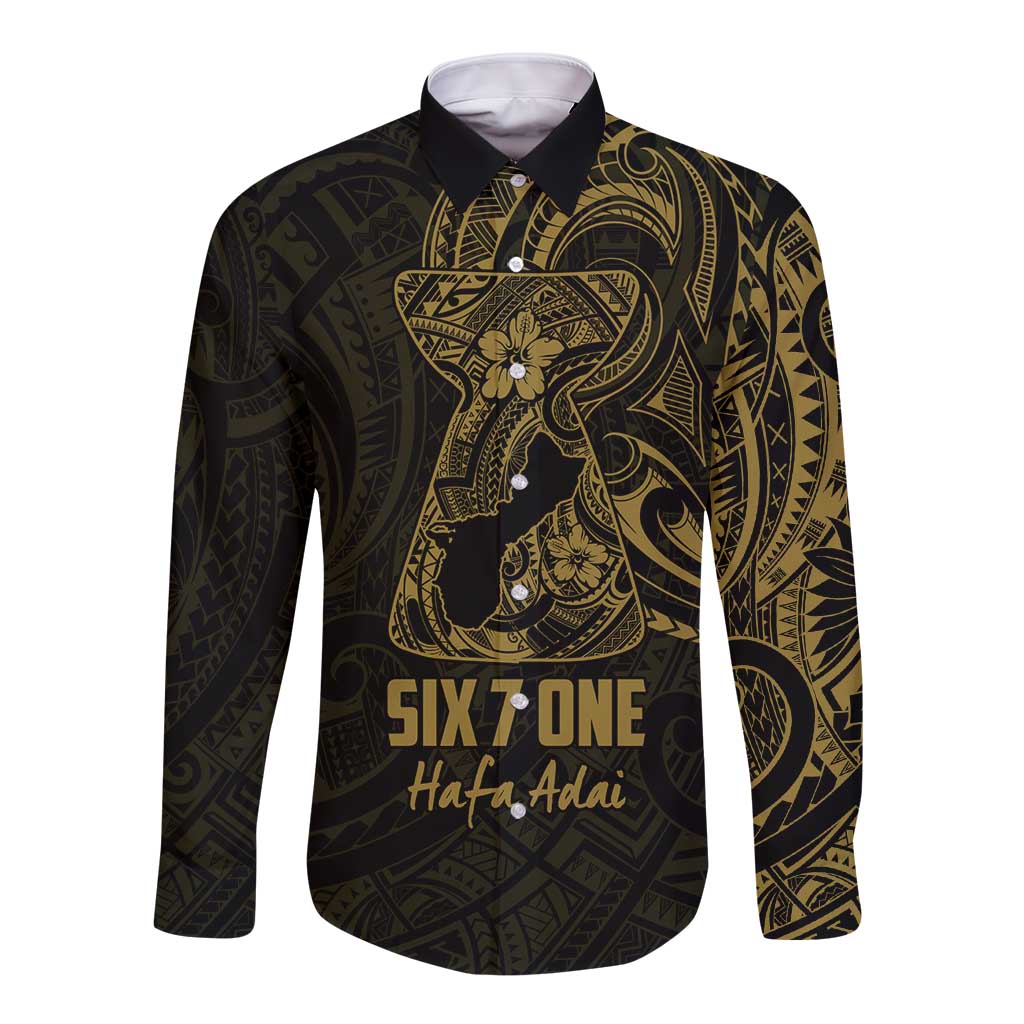 Gold Guam Latte Stone Tribal Tattoo Long Sleeve Button Shirt Hafa Adai Six 7 One