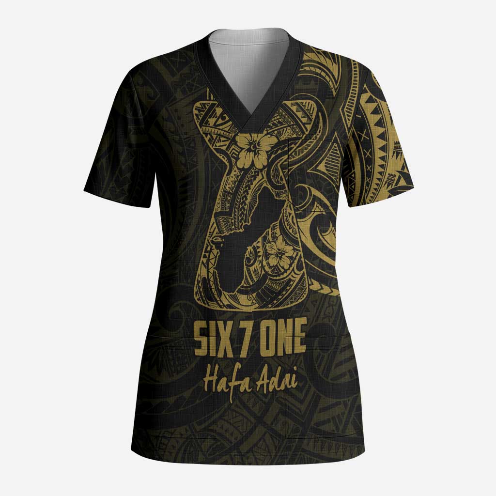 Gold Guam Latte Stone Tribal Tattoo Scrub Top Hafa Adai Six 7 One - Polynesian Pride