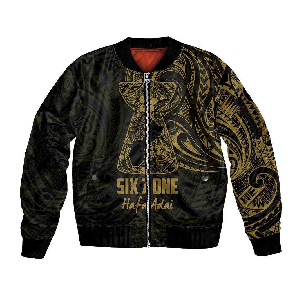 Gold Guam Latte Stone Tribal Tattoo Sleeve Zip Bomber Jacket Hafa Adai Six 7 One