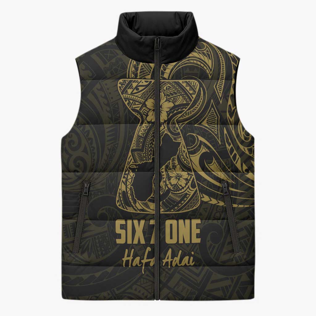Gold Guam Latte Stone Tribal Tattoo Sleeveless Puffer Jacket Hafa Adai Six 7 One - Polynesian Pride