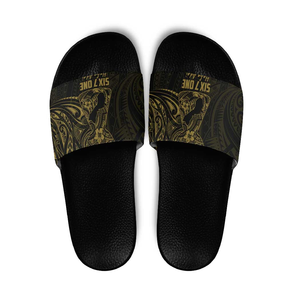 Gold Guam Latte Stone Tribal Tattoo Slide Sandals Hafa Adai Six 7 One - Polynesian Pride