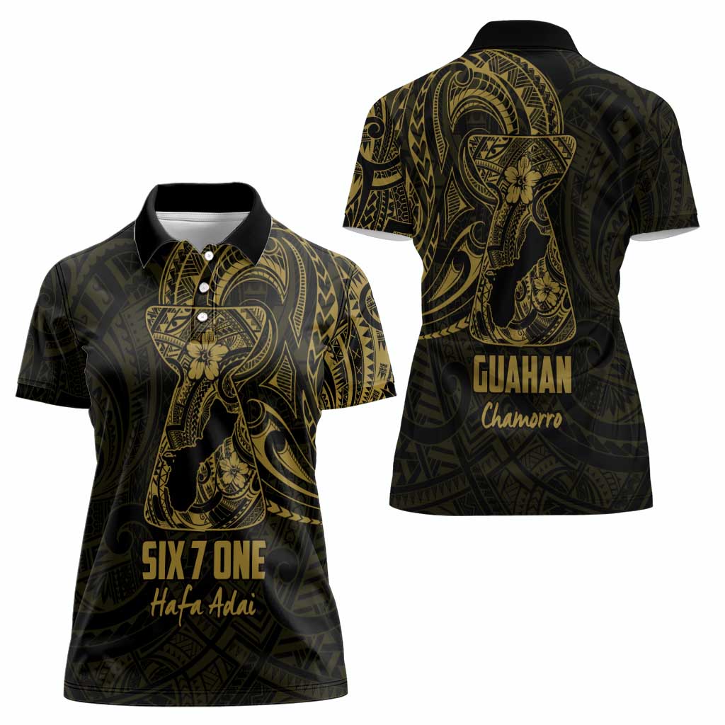 Gold Guam Latte Stone Tribal Tattoo Women Polo Shirt Hafa Adai Six 7 One