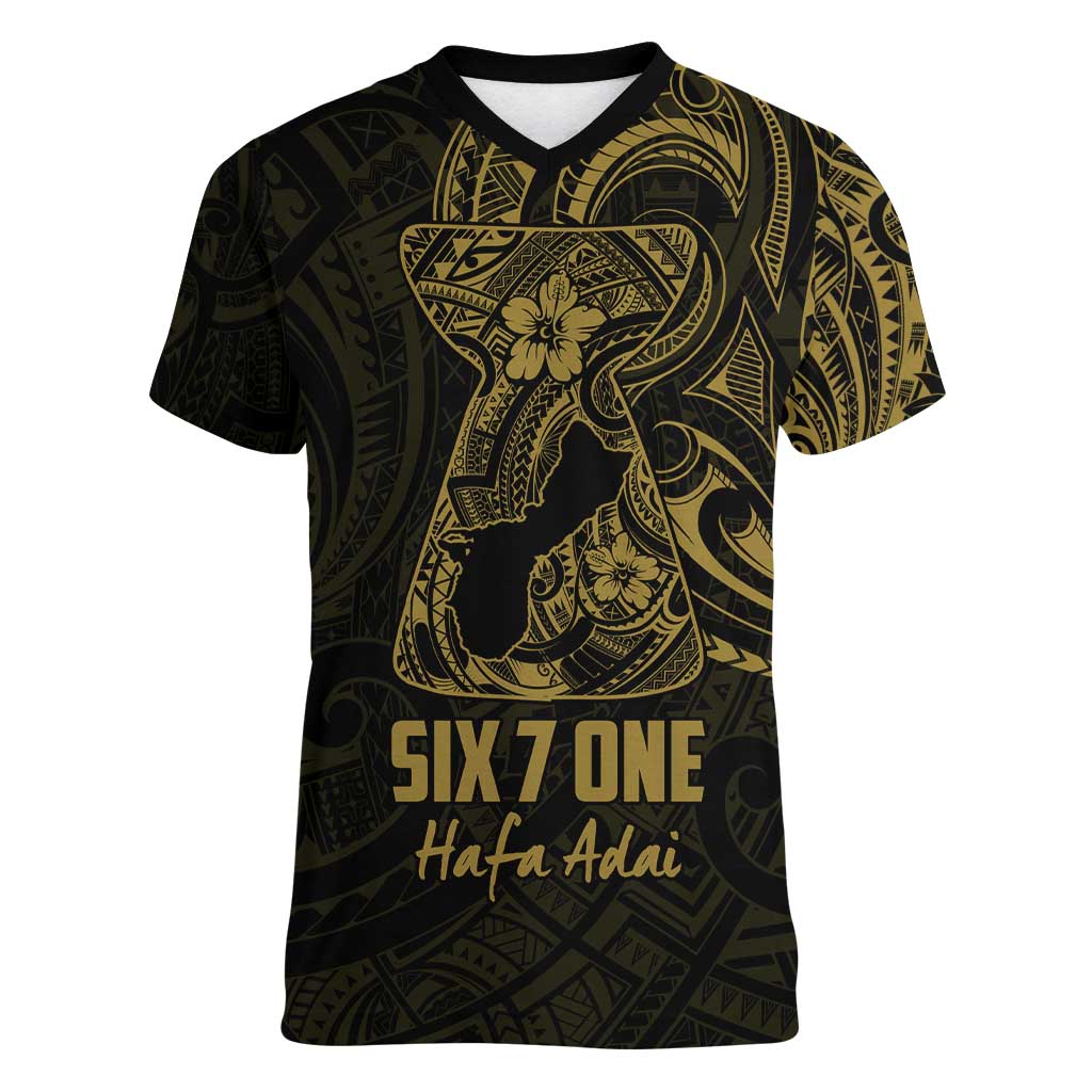 Gold Guam Latte Stone Tribal Tattoo Women V-Neck T-Shirt Hafa Adai Six 7 One