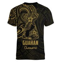 Gold Guam Latte Stone Tribal Tattoo Women V-Neck T-Shirt Hafa Adai Six 7 One