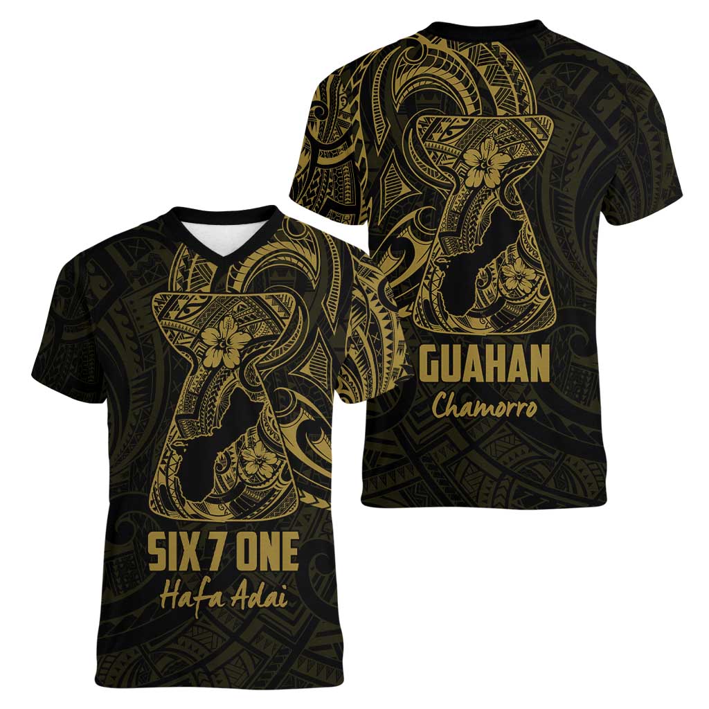 Gold Guam Latte Stone Tribal Tattoo Women V-Neck T-Shirt Hafa Adai Six 7 One