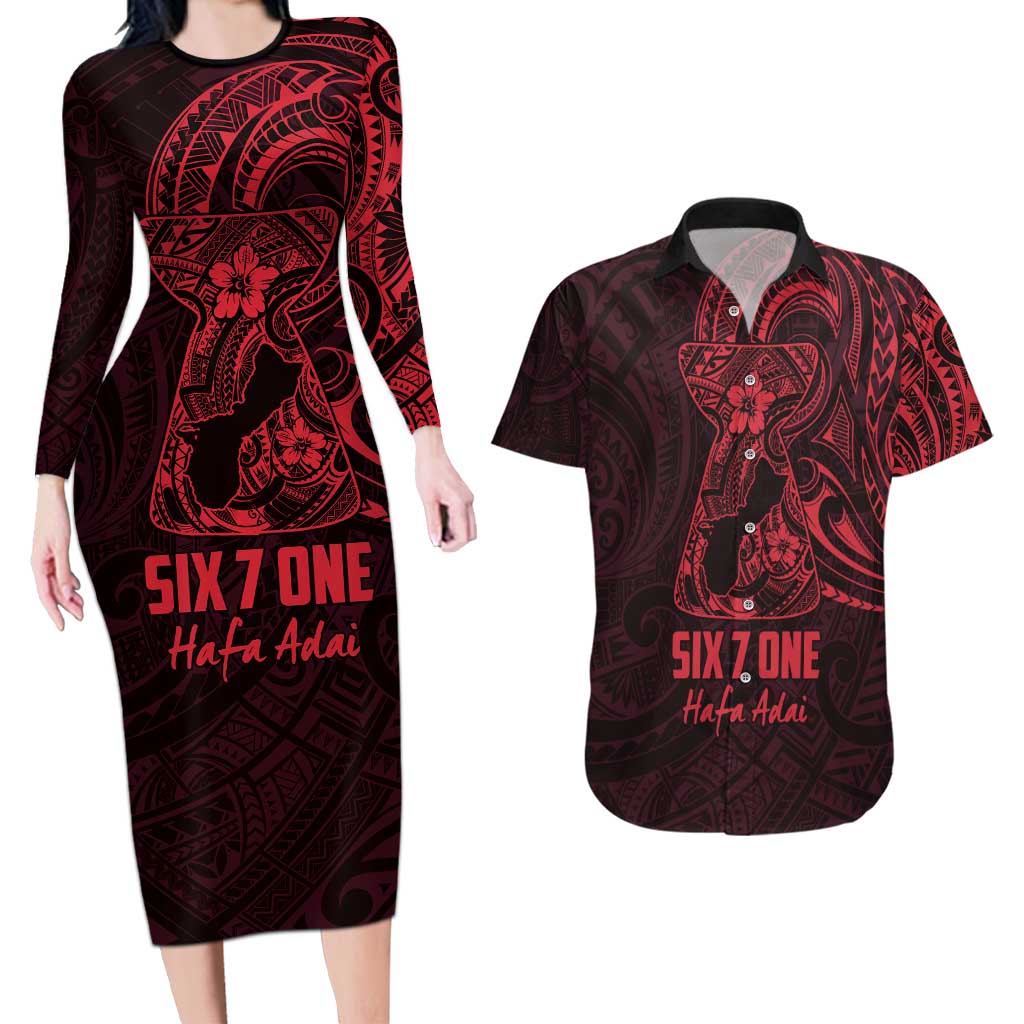 Oxblood Guam Latte Stone Tribal Tattoo Couples Matching Long Sleeve Bodycon Dress and Hawaiian Shirt Hafa Adai Six 7 One
