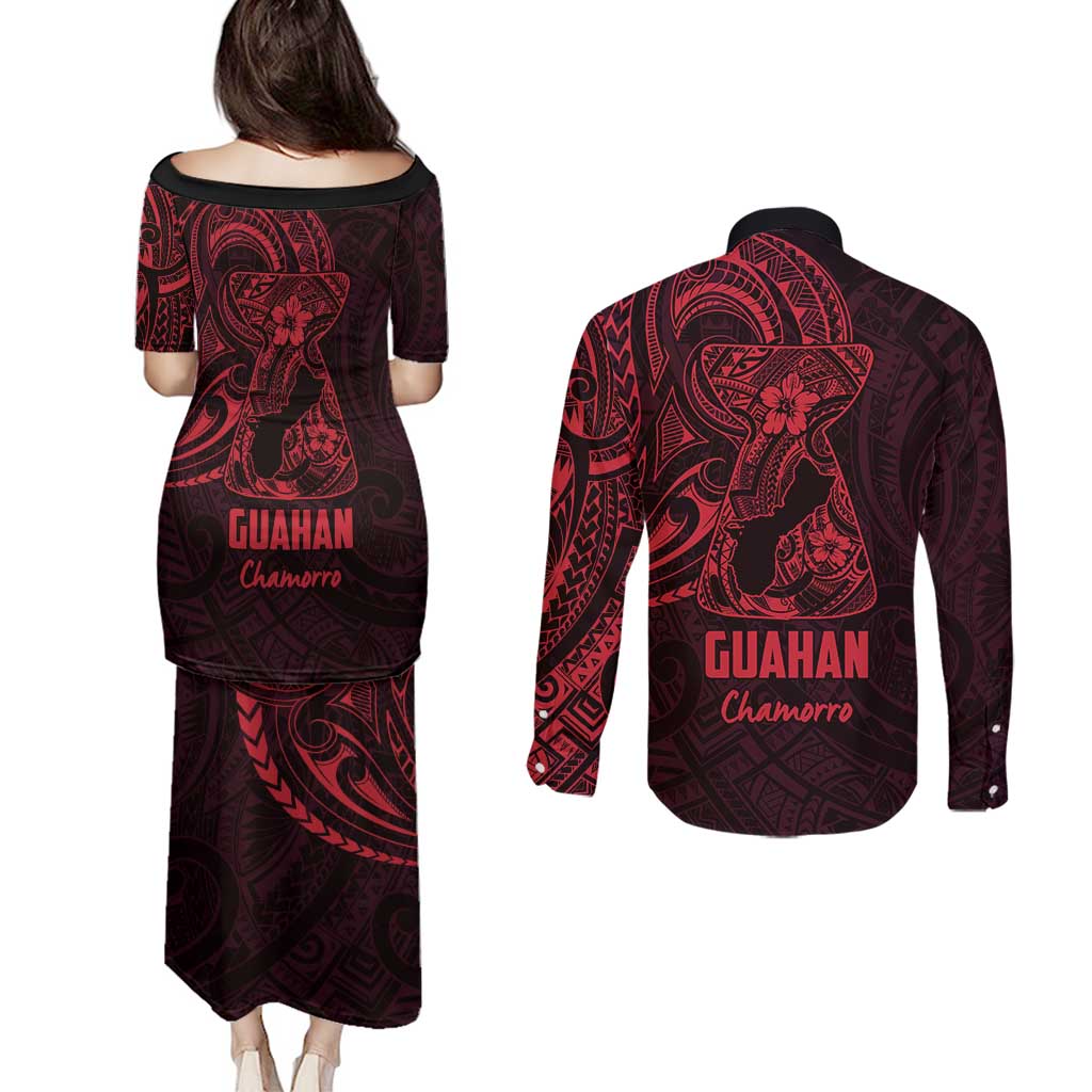 Oxblood Guam Latte Stone Tribal Tattoo Couples Matching Puletasi and Long Sleeve Button Shirt Hafa Adai Six 7 One