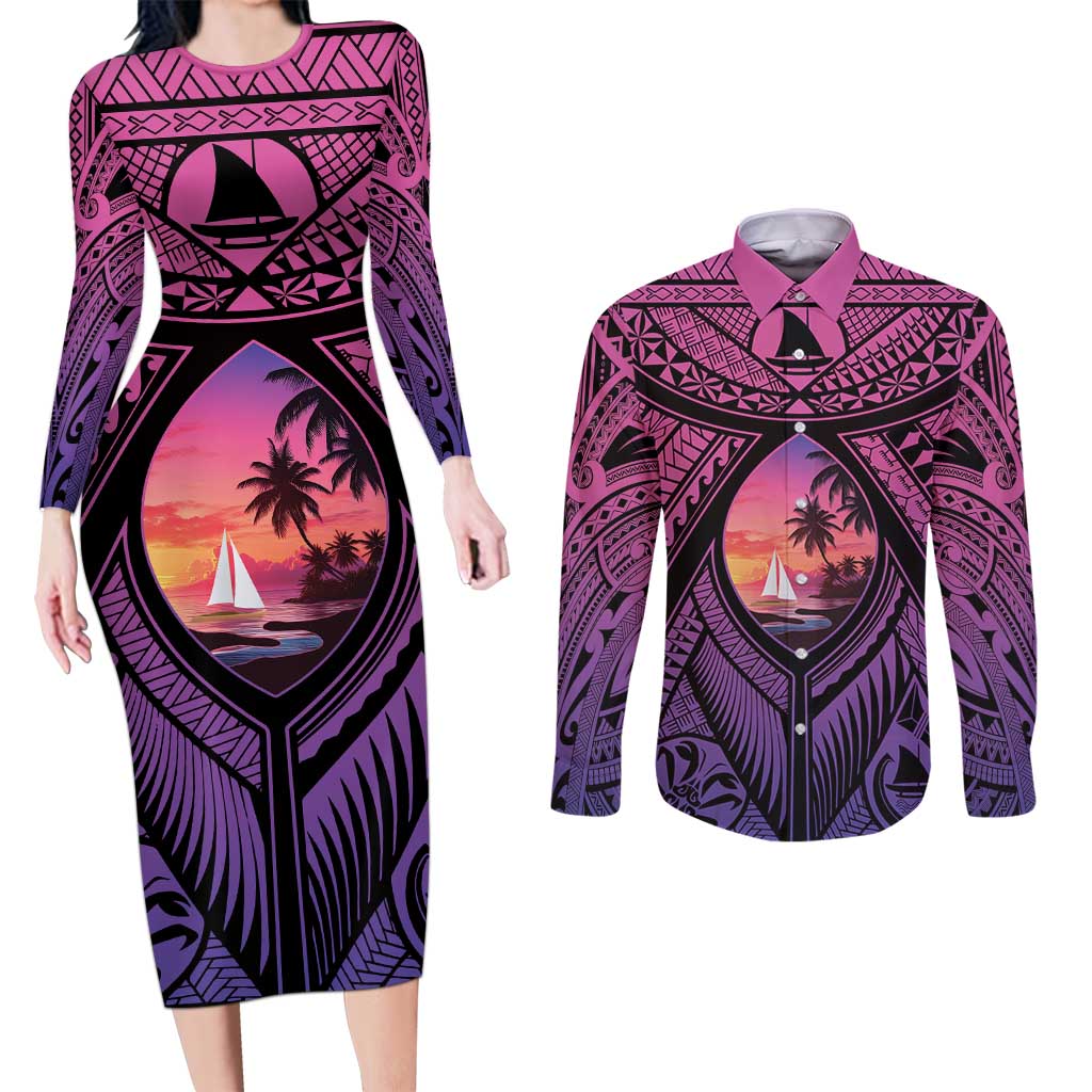 Guam Chamorro Artsy Couples Matching Long Sleeve Bodycon Dress and Long Sleeve Button Shirt Guahan Sunset Beach
