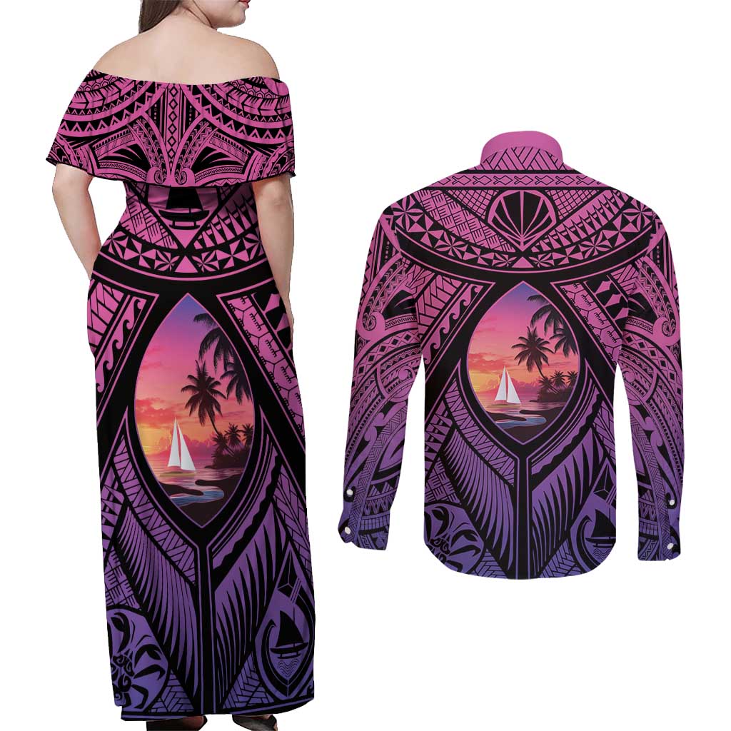 Guam Chamorro Artsy Couples Matching Off Shoulder Maxi Dress and Long Sleeve Button Shirt Guahan Sunset Beach