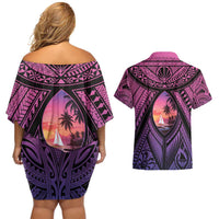 Guam Chamorro Artsy Couples Matching Off Shoulder Short Dress and Hawaiian Shirt Guahan Sunset Beach