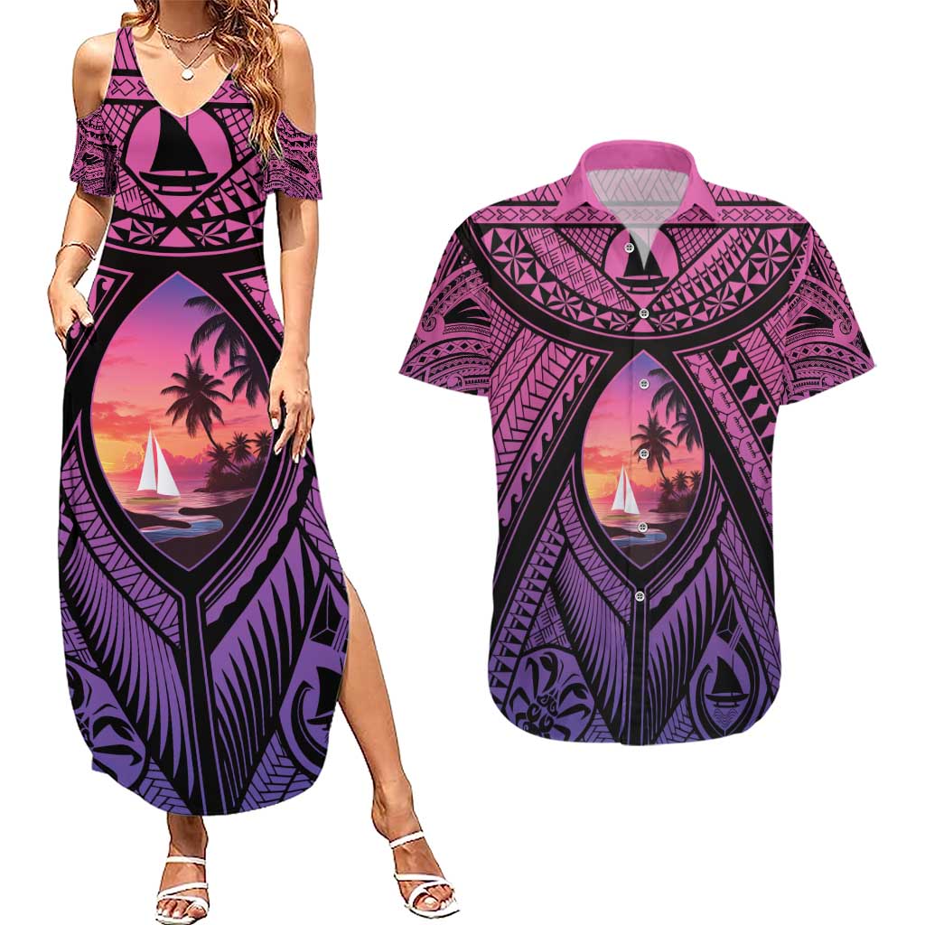 Guam Chamorro Artsy Couples Matching Summer Maxi Dress and Hawaiian Shirt Guahan Sunset Beach