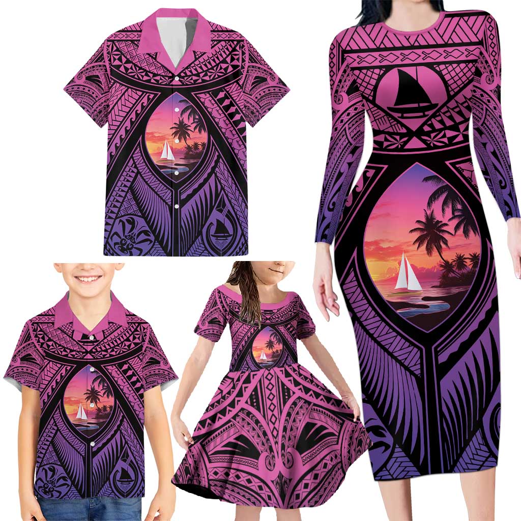 Guam Chamorro Artsy Family Matching Long Sleeve Bodycon Dress and Hawaiian Shirt Guahan Sunset Beach