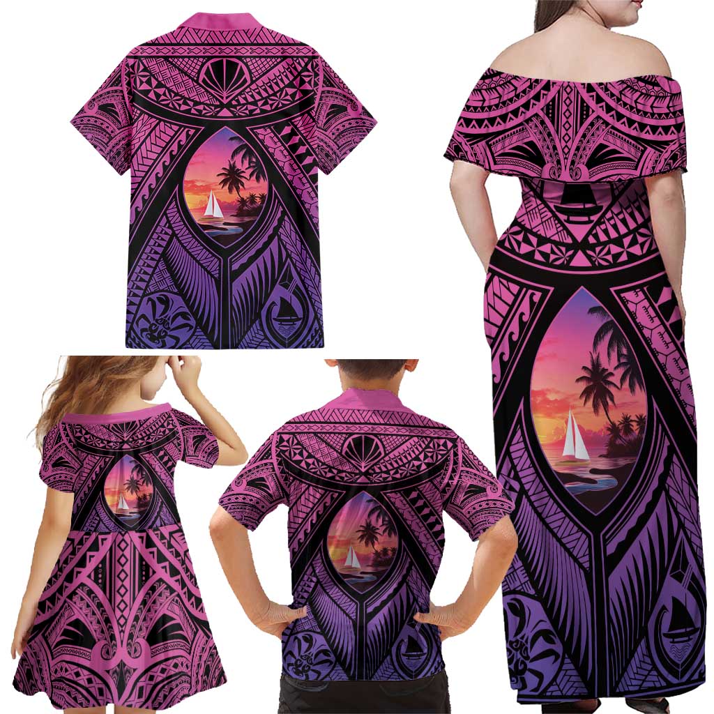 Guam Chamorro Artsy Family Matching Off Shoulder Maxi Dress and Hawaiian Shirt Guahan Sunset Beach