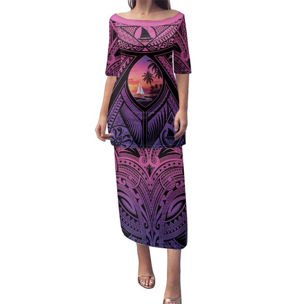 Guam Chamorro Artsy Family Matching Puletasi and Hawaiian Shirt Guahan Sunset Beach