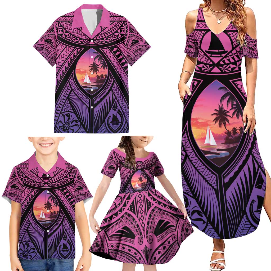 Guam Chamorro Artsy Family Matching Summer Maxi Dress and Hawaiian Shirt Guahan Sunset Beach