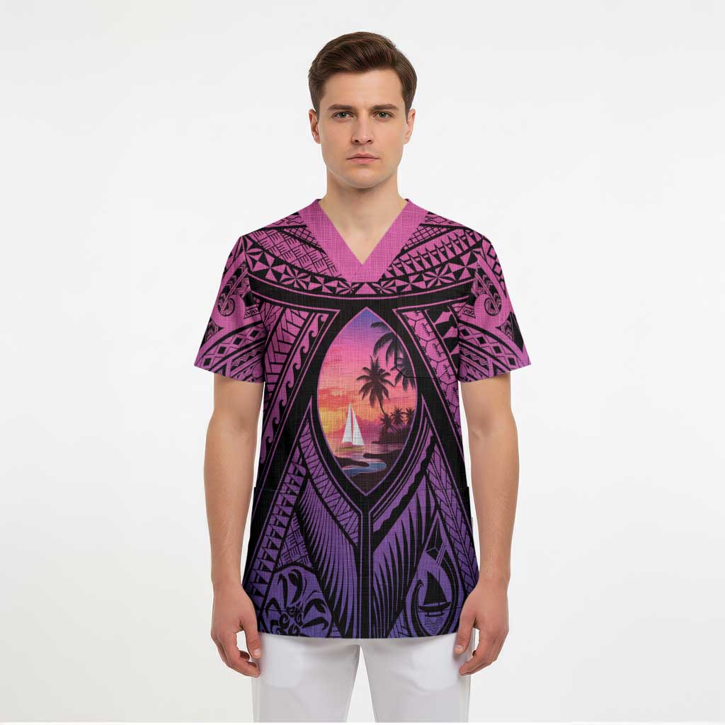 Guam Chamorro Artsy Scrub Top Guahan Sunset Beach - Polynesian Pride