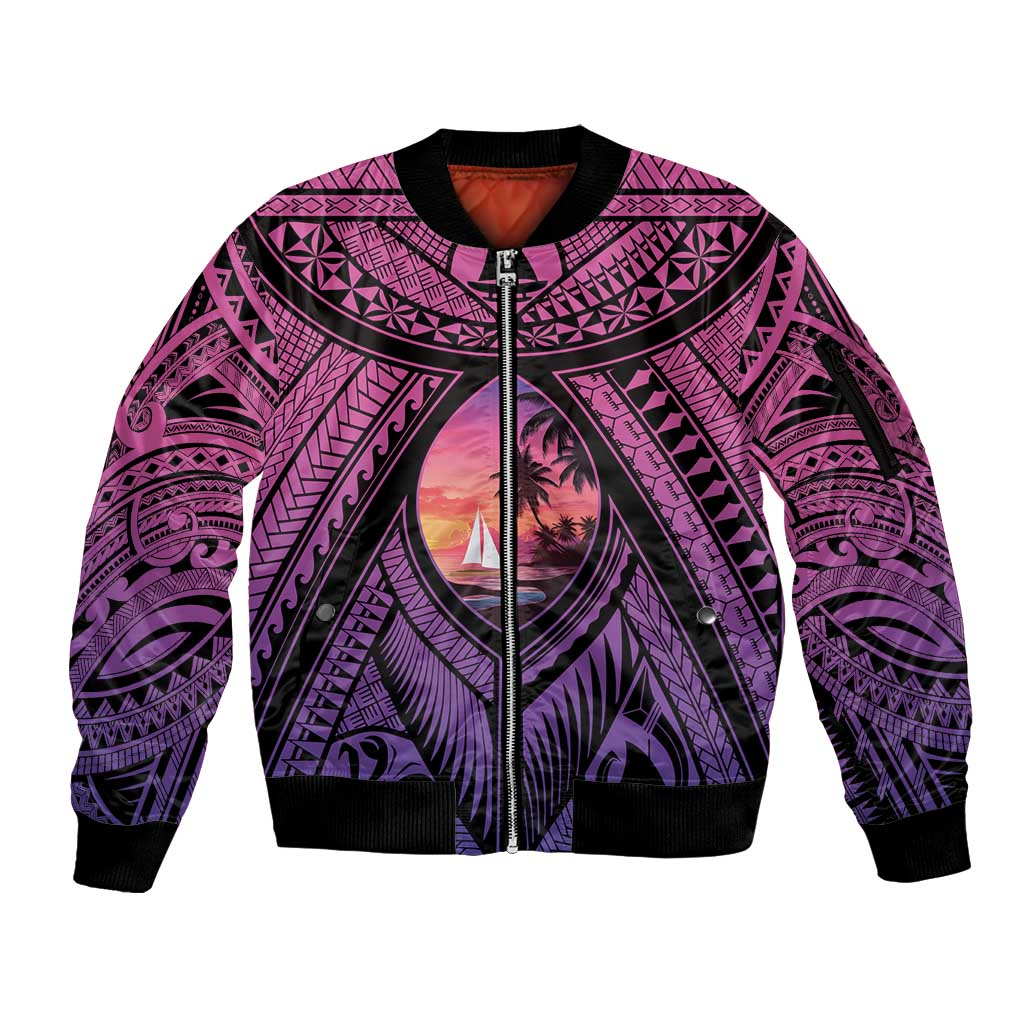 Guam Chamorro Artsy Sleeve Zip Bomber Jacket Guahan Sunset Beach