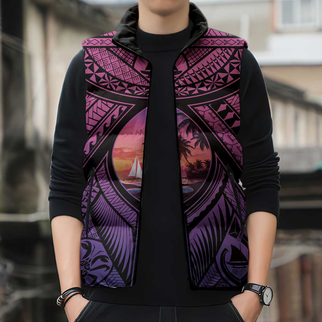 Guam Chamorro Artsy Sleeveless Puffer Jacket Guahan Sunset Beach - Polynesian Pride