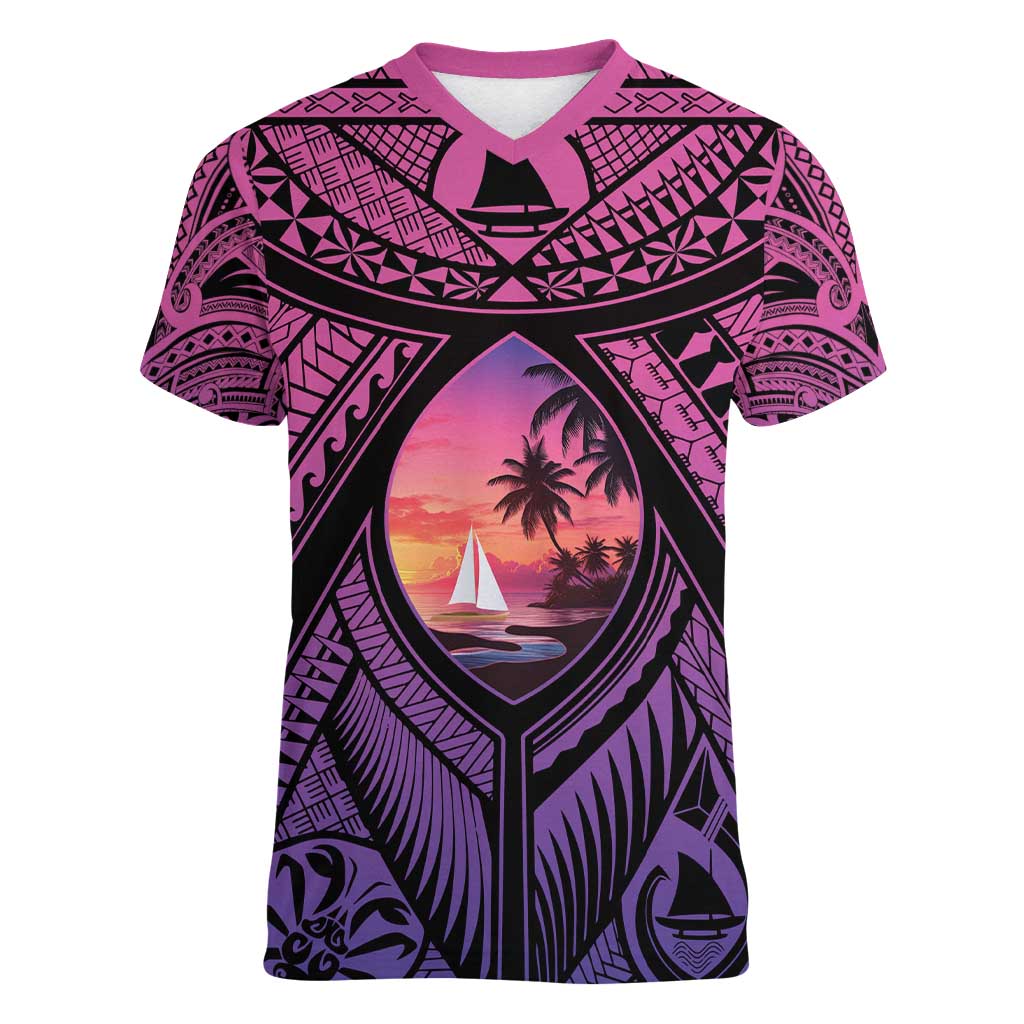 Guam Chamorro Artsy Women V-Neck T-Shirt Guahan Sunset Beach