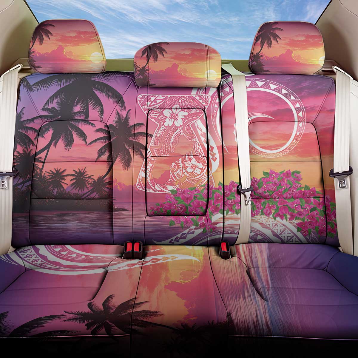 Guam Latte Stone with Map Back Car Seat Cover Bougainvillea Beach Sunset
