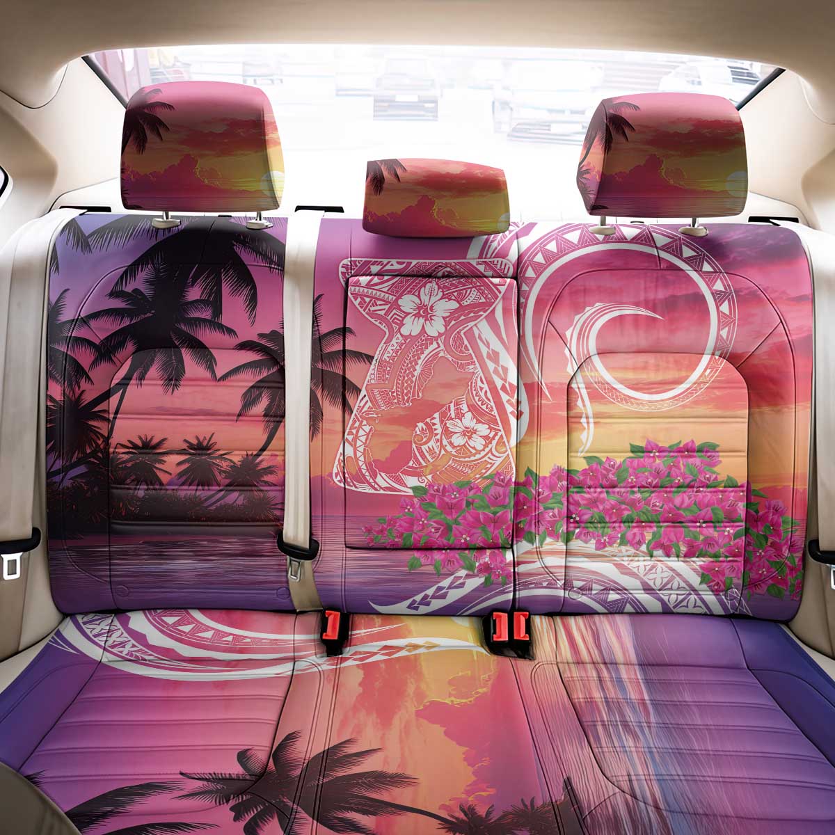 Guam Latte Stone with Map Back Car Seat Cover Bougainvillea Beach Sunset LT9 - Polynesian Pride