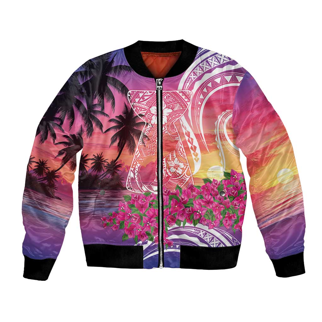 Guam Latte Stone with Map Bomber Jacket Bougainvillea Beach Sunset