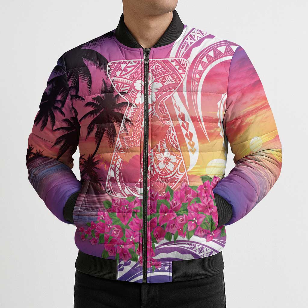 Guam Latte Stone with Map Bomber Puffer Jacket Bougainvillea Beach Sunset - Polynesian Pride