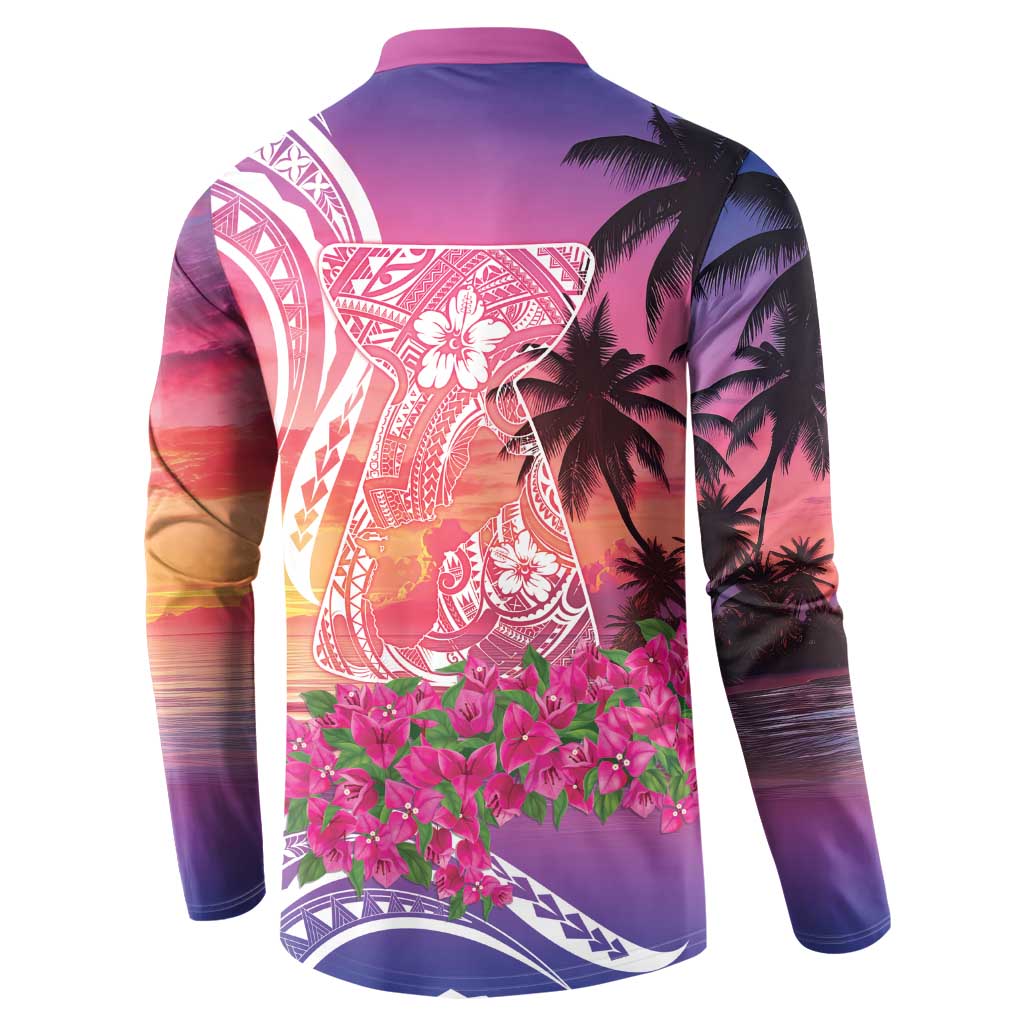Guam Latte Stone with Map Button Sweatshirt Bougainvillea Beach Sunset