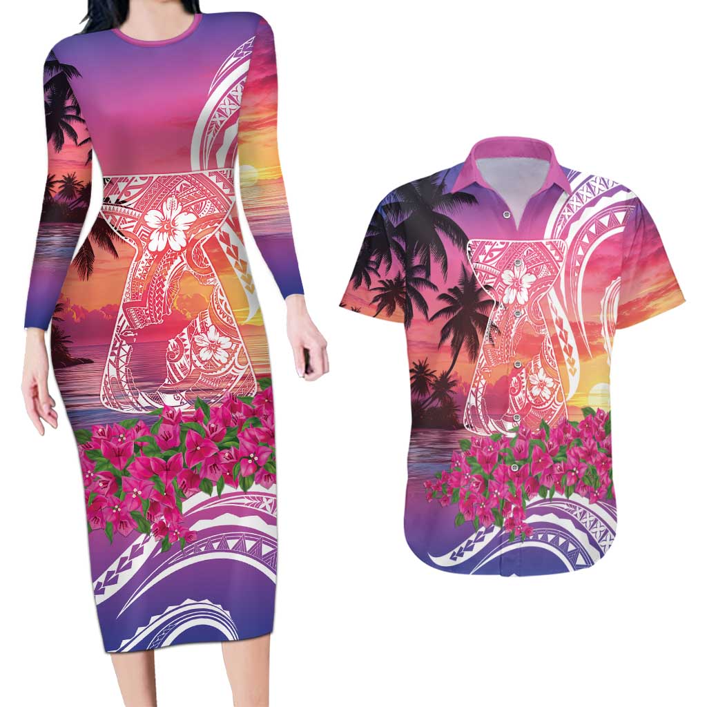 Guam Latte Stone with Map Couples Matching Long Sleeve Bodycon Dress and Hawaiian Shirt Bougainvillea Beach Sunset