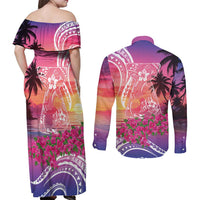 Guam Latte Stone with Map Couples Matching Off Shoulder Maxi Dress and Long Sleeve Button Shirt Bougainvillea Beach Sunset