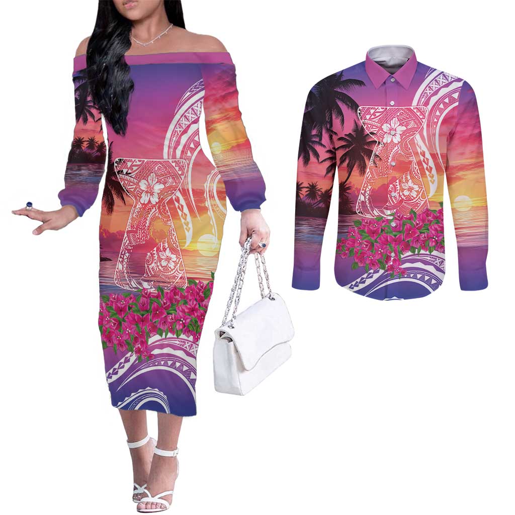 Guam Latte Stone with Map Couples Matching Off The Shoulder Long Sleeve Dress and Long Sleeve Button Shirt Bougainvillea Beach Sunset