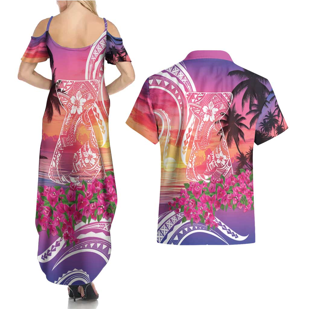 Guam Latte Stone with Map Couples Matching Summer Maxi Dress and Hawaiian Shirt Bougainvillea Beach Sunset