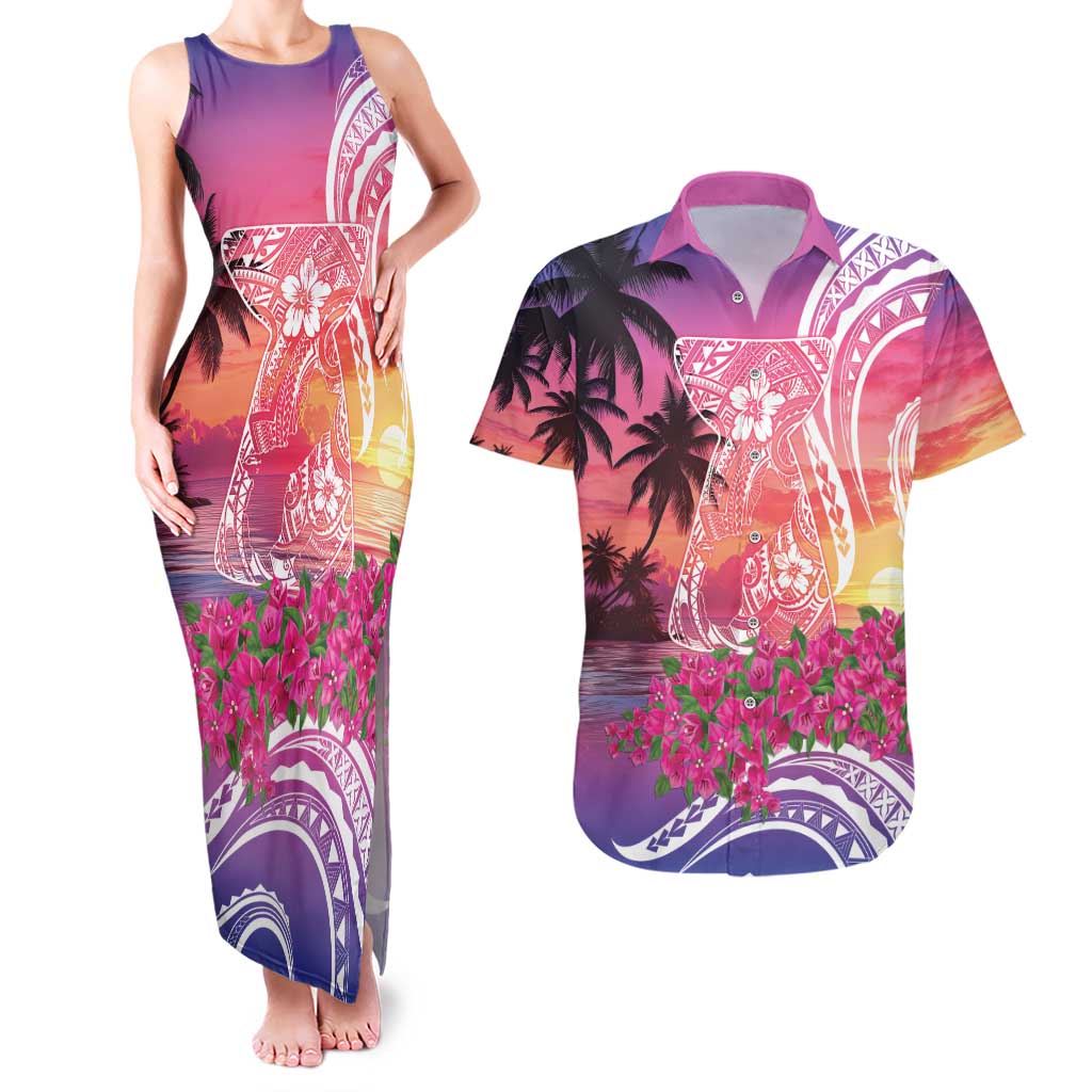 Guam Latte Stone with Map Couples Matching Tank Maxi Dress and Hawaiian Shirt Bougainvillea Beach Sunset