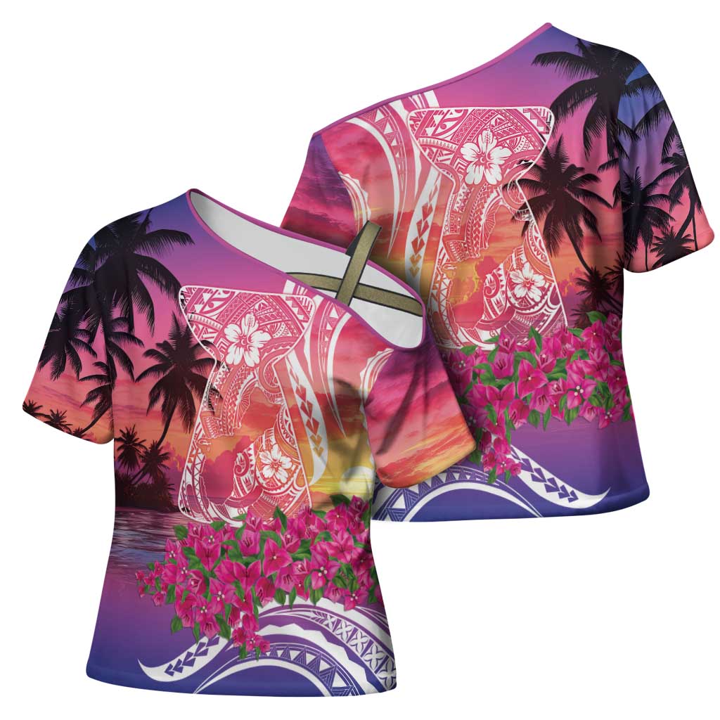 Guam Latte Stone with Map Cross Shoulder Shirt Bougainvillea Beach Sunset - Polynesian Pride