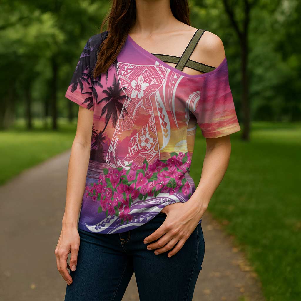 Guam Latte Stone with Map Cross Shoulder Shirt Bougainvillea Beach Sunset - Polynesian Pride