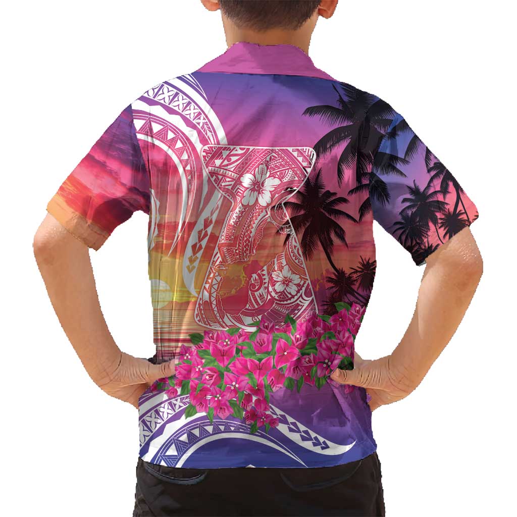 Guam Latte Stone with Map Family Matching Long Sleeve Bodycon Dress and Hawaiian Shirt Bougainvillea Beach Sunset LT9 - Polynesian Pride