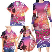 Guam Latte Stone with Map Family Matching Long Sleeve Bodycon Dress and Hawaiian Shirt Bougainvillea Beach Sunset LT9 - Polynesian Pride