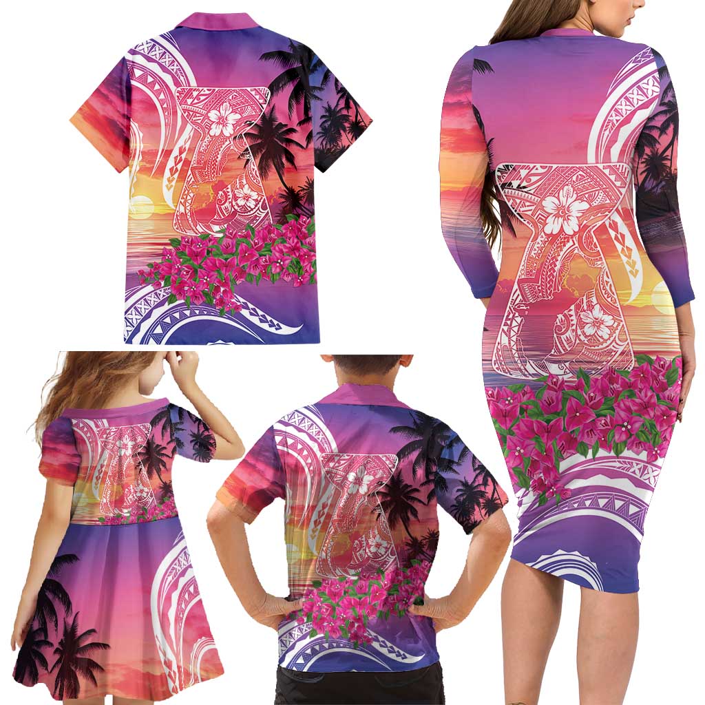 Guam Latte Stone with Map Family Matching Long Sleeve Bodycon Dress and Hawaiian Shirt Bougainvillea Beach Sunset LT9 - Polynesian Pride