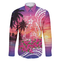 Guam Latte Stone with Map Family Matching Mermaid Dress and Hawaiian Shirt Bougainvillea Beach Sunset LT9 Dad's Shirt - Long Sleeve Sunset - Polynesian Pride