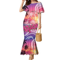 Guam Latte Stone with Map Family Matching Mermaid Dress and Hawaiian Shirt Bougainvillea Beach Sunset LT9 Mom's Dress Sunset - Polynesian Pride