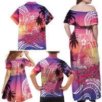 Guam Latte Stone with Map Family Matching Off Shoulder Maxi Dress and Hawaiian Shirt Bougainvillea Beach Sunset