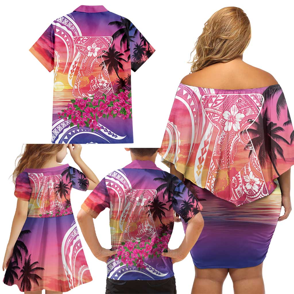 Guam Latte Stone with Map Family Matching Off Shoulder Short Dress and Hawaiian Shirt Bougainvillea Beach Sunset
