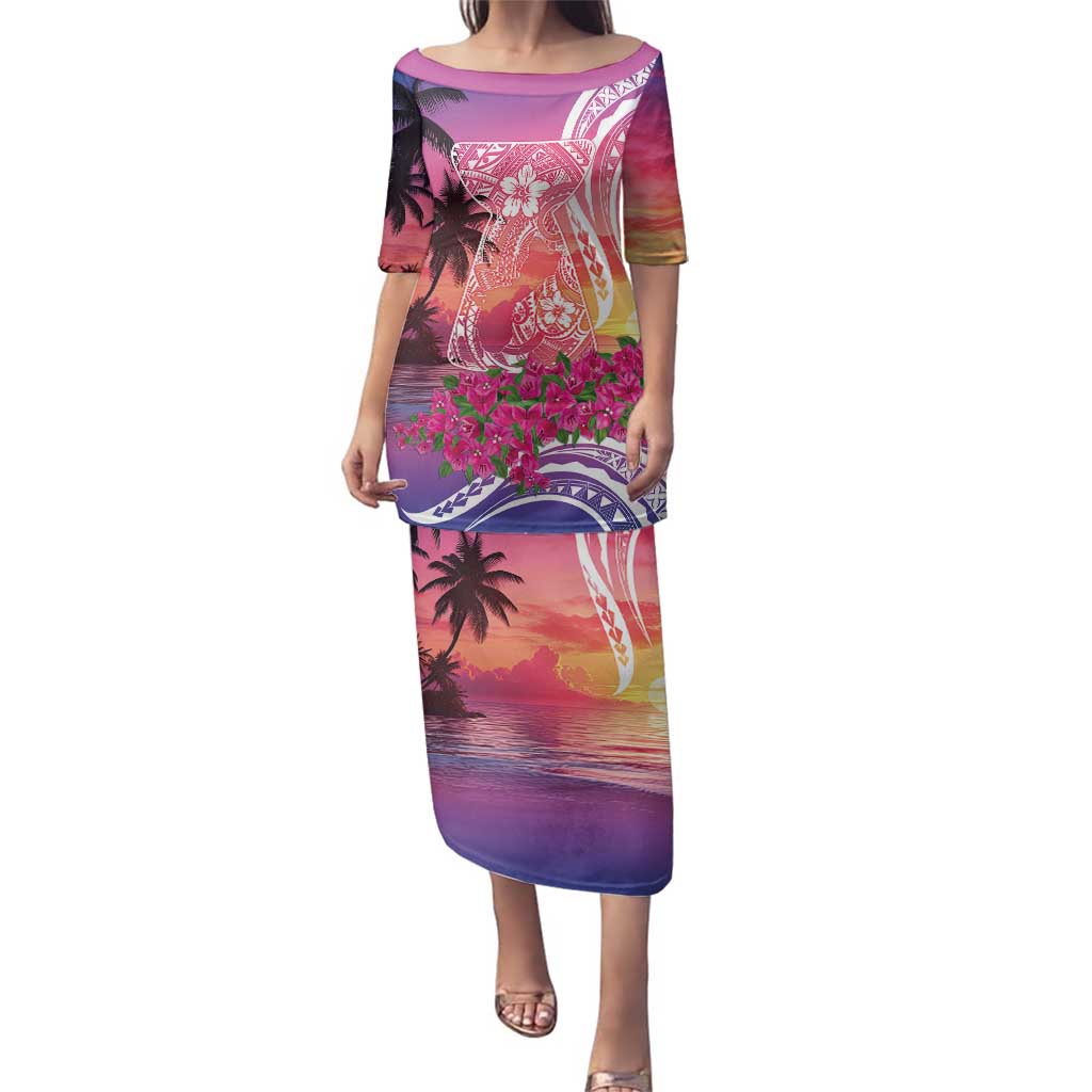 Guam Latte Stone with Map Family Matching Puletasi and Hawaiian Shirt Bougainvillea Beach Sunset