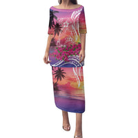 Guam Latte Stone with Map Family Matching Puletasi and Hawaiian Shirt Bougainvillea Beach Sunset