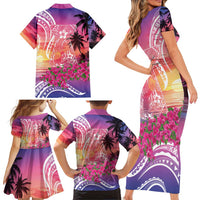 Guam Latte Stone with Map Family Matching Short Sleeve Bodycon Dress and Hawaiian Shirt Bougainvillea Beach Sunset LT9 - Polynesian Pride