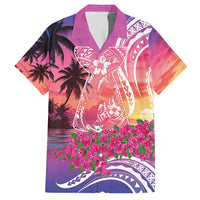 Guam Latte Stone with Map Family Matching Short Sleeve Bodycon Dress and Hawaiian Shirt Bougainvillea Beach Sunset LT9 Dad's Shirt - Short Sleeve Sunset - Polynesian Pride