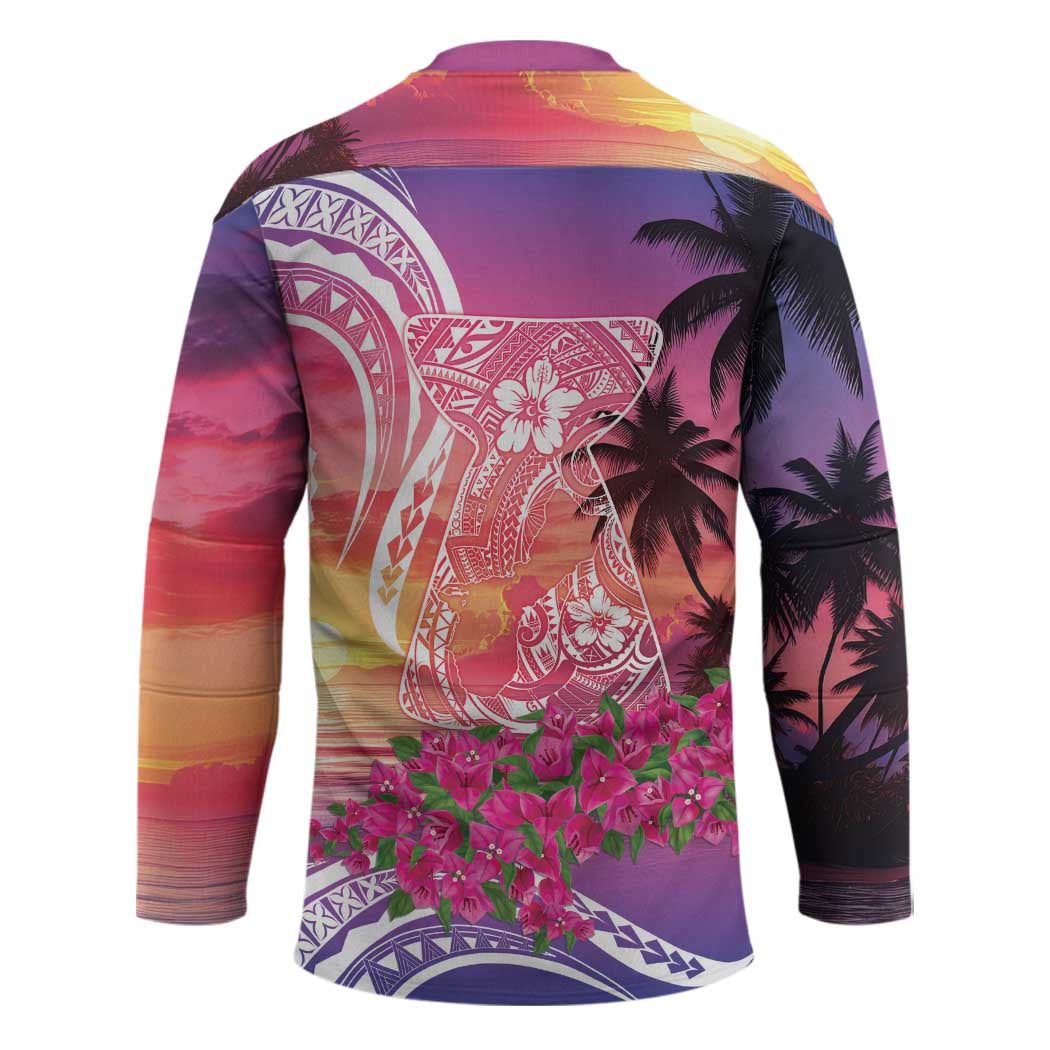 Guam Latte Stone with Map Hockey Jersey Bougainvillea Beach Sunset - Polynesian Pride