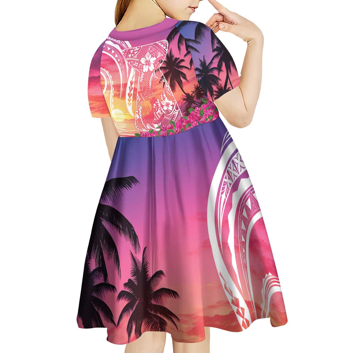 Guam Latte Stone with Map Kid Short Sleeve Dress Bougainvillea Beach Sunset