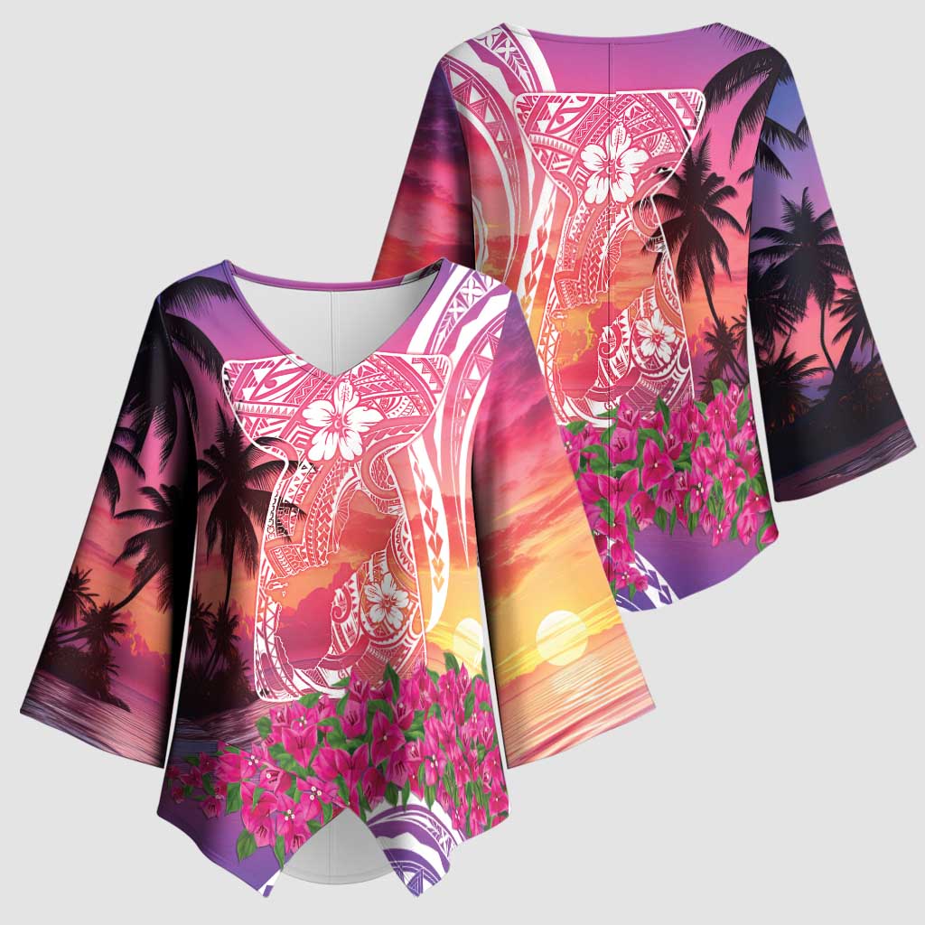 Guam Latte Stone with Map Kimono Sleeve Blouse Bougainvillea Beach Sunset - Polynesian Pride
