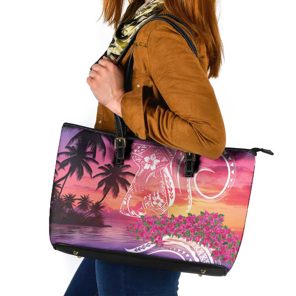 Guam Latte Stone with Map Leather Tote Bag Bougainvillea Beach Sunset LT9 Sunset - Polynesian Pride